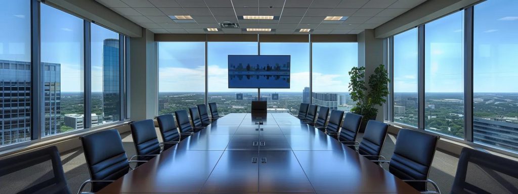 Modern conference room with large windows offering city views, equipped with a long wooden table, black leather chairs, and a wall-mounted display for presentations, reflecting a professional office environment ideal for managed IT services and business meetings.