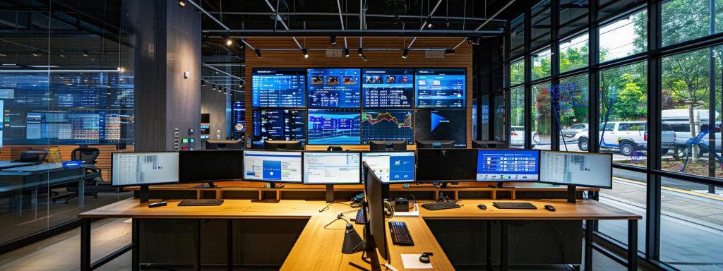 Modern office workspace with multiple computer monitors displaying data analytics and digital dashboards, designed for IT solutions and cybersecurity operations.