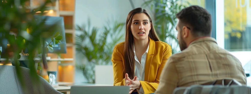 Professional consultation in a modern office setting, featuring a woman in a yellow blazer engaging with a male client, emphasizing personalized IT support and strategic technology discussions.