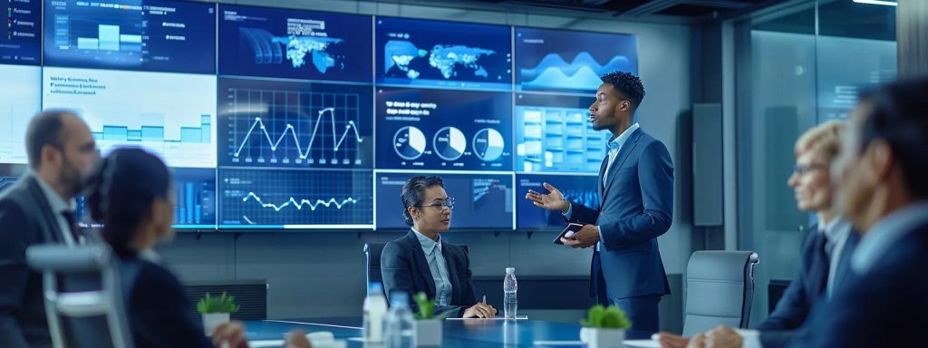 Business meeting with professionals discussing data analytics, digital transformation, and IT solutions, featuring multiple screens displaying graphs and charts.