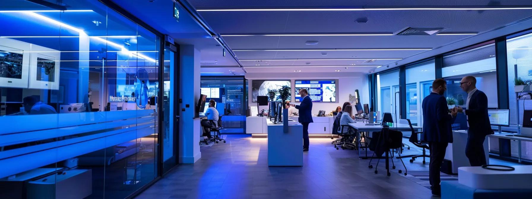 Modern office interior with blue lighting, featuring professionals engaged in discussions, computers, and digital displays, relevant to MSP Pro Tech's managed IT and cybersecurity services.