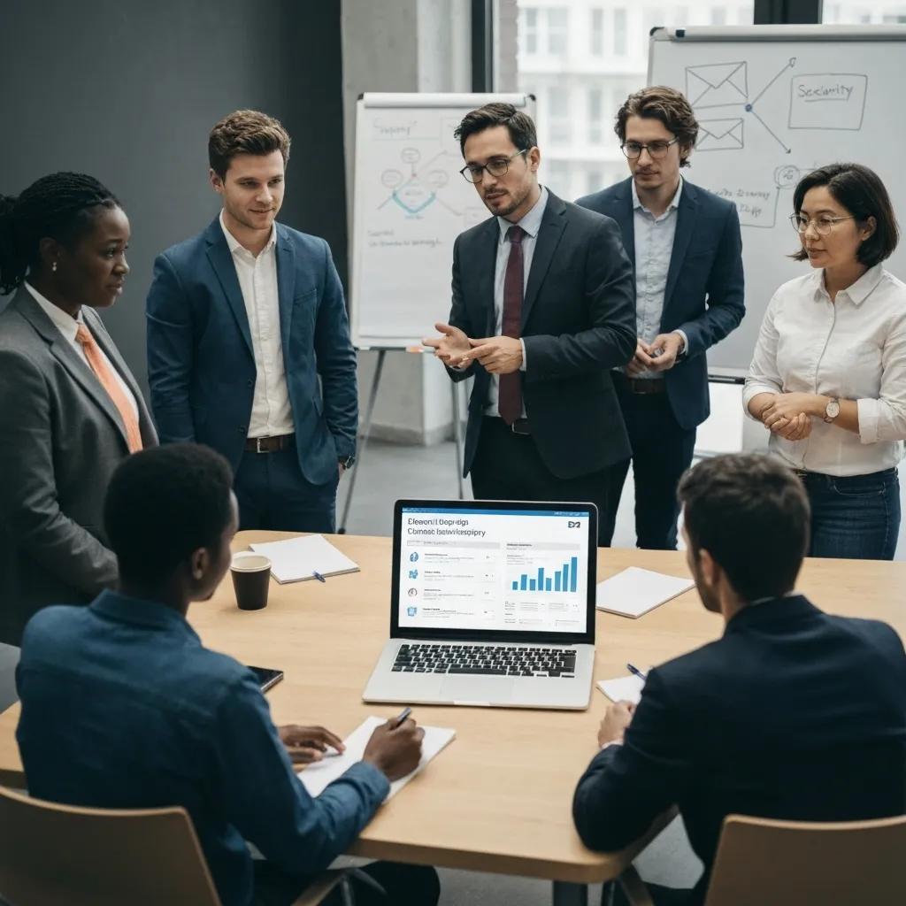 Office team discussing email security strategies with a laptop and whiteboard