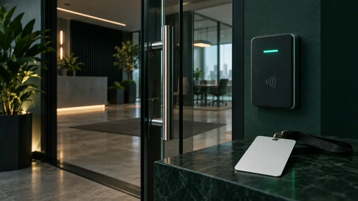 Illustration of a business door with a credential reader and access badge