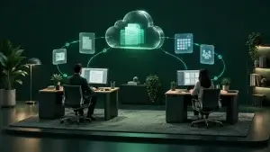 Illustration of cloud-connected business workstations and collaboration