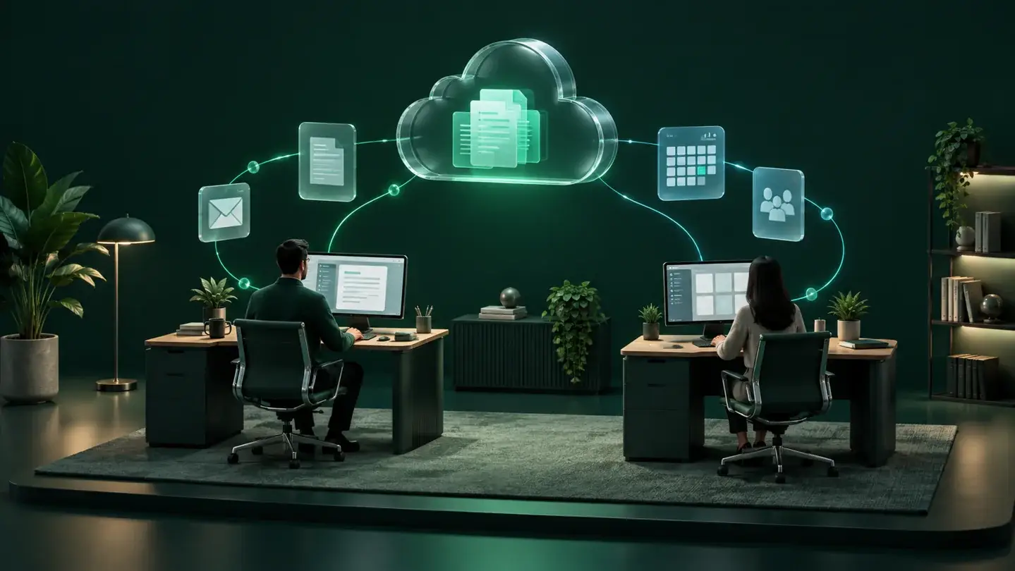 Illustration of cloud-connected business workstations and collaboration