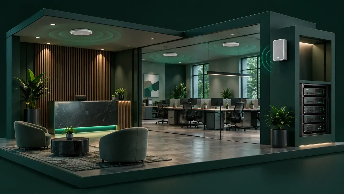 Illustration of commercial ceiling speakers and multi-zone audio equipment