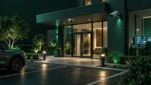 Illustration of commercial surveillance cameras protecting a business entrance