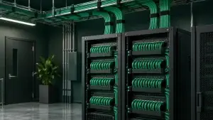 Illustration of organized commercial network cabling and a patch panel