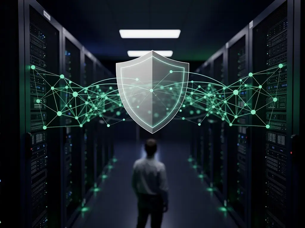 Dark navy and emerald network firewall security illustration